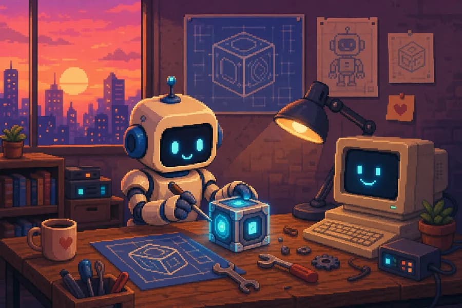 Pixel robot, gün batımı manzaralı atölyede parlayan bir küp monte ediyor