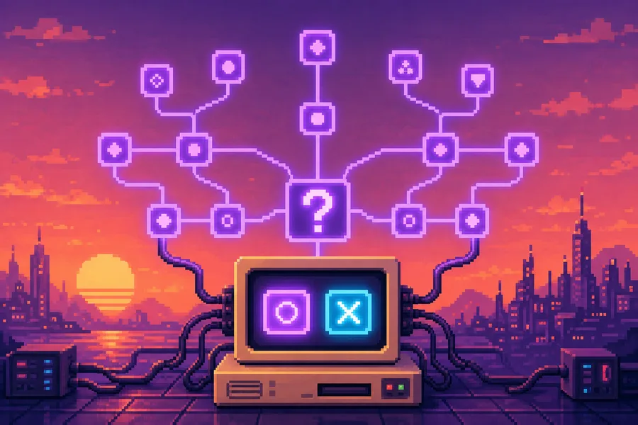 Mor dallanan pixel akış şeması ve seçenek gösteren retro CRT terminal