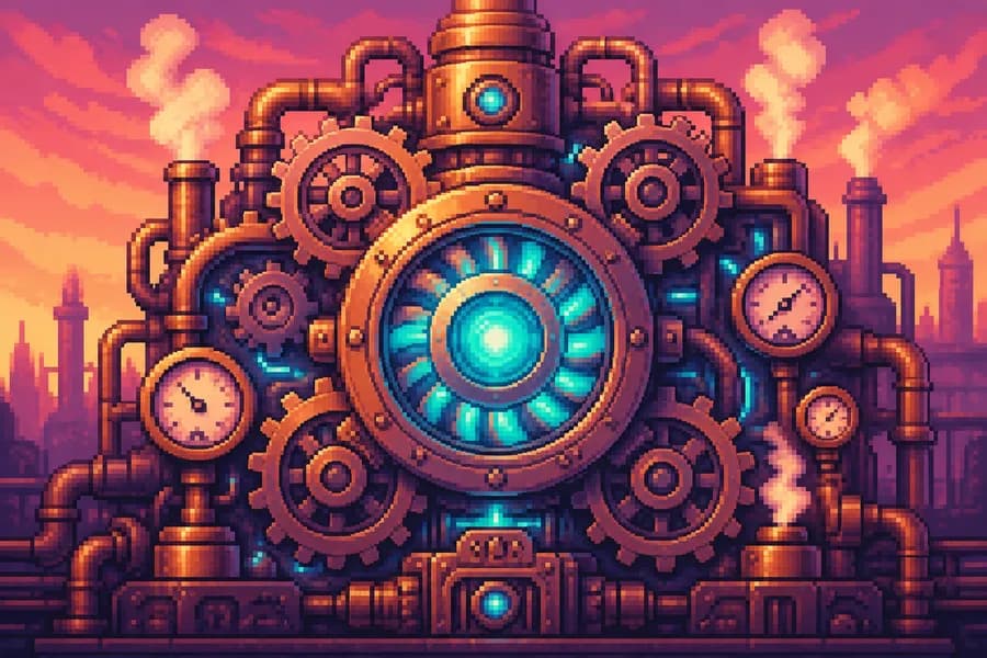 Parlayan camgöbeği çekirdekli, pirinç dişli ve borulardan oluşan pixel makine