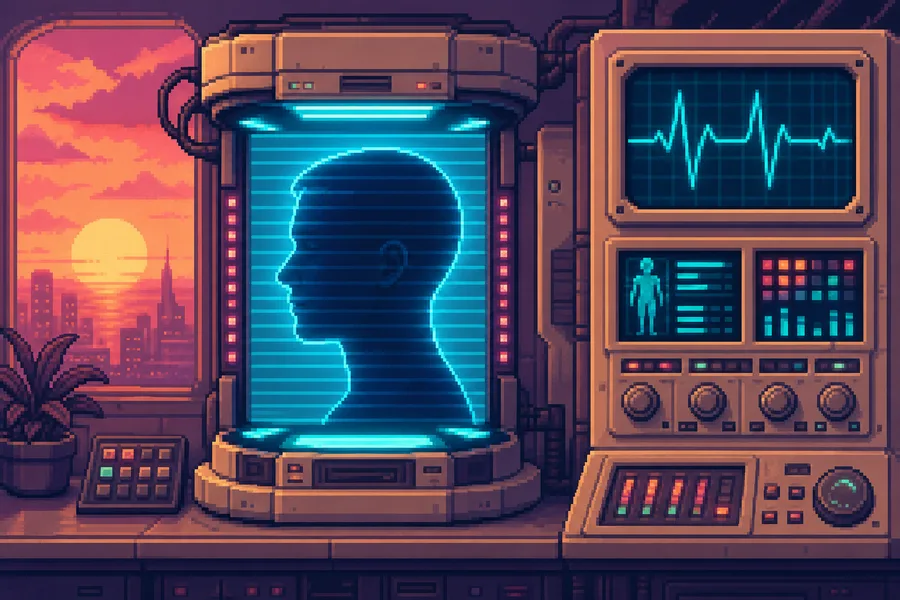 İnsan profilini camgöbeği tarama çizgileriyle okuyan retro pixel tarayıcı istasyonu