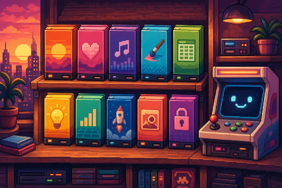 Renkli pixel uygulama kutularının dizildiği raf ve gülümseyen retro arcade kabini