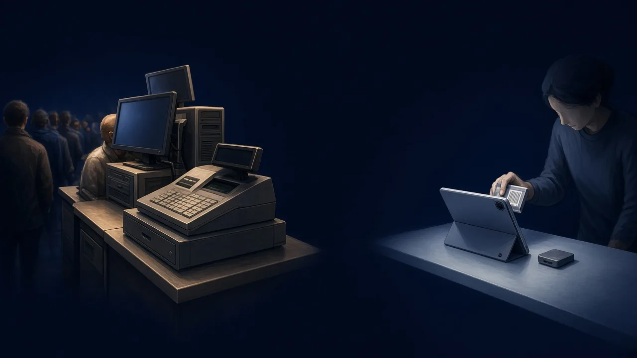 One workplace has a queue, large monitors, a tower PC, and a full POS. The other has a person scanning a barcode with a tablet camera and a tiny POS.